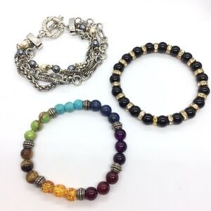 3/$30 BUNDLE OF THREE BRACELETS FAUX PERAL SILVER TONE SEMI PRECIOUS STONE